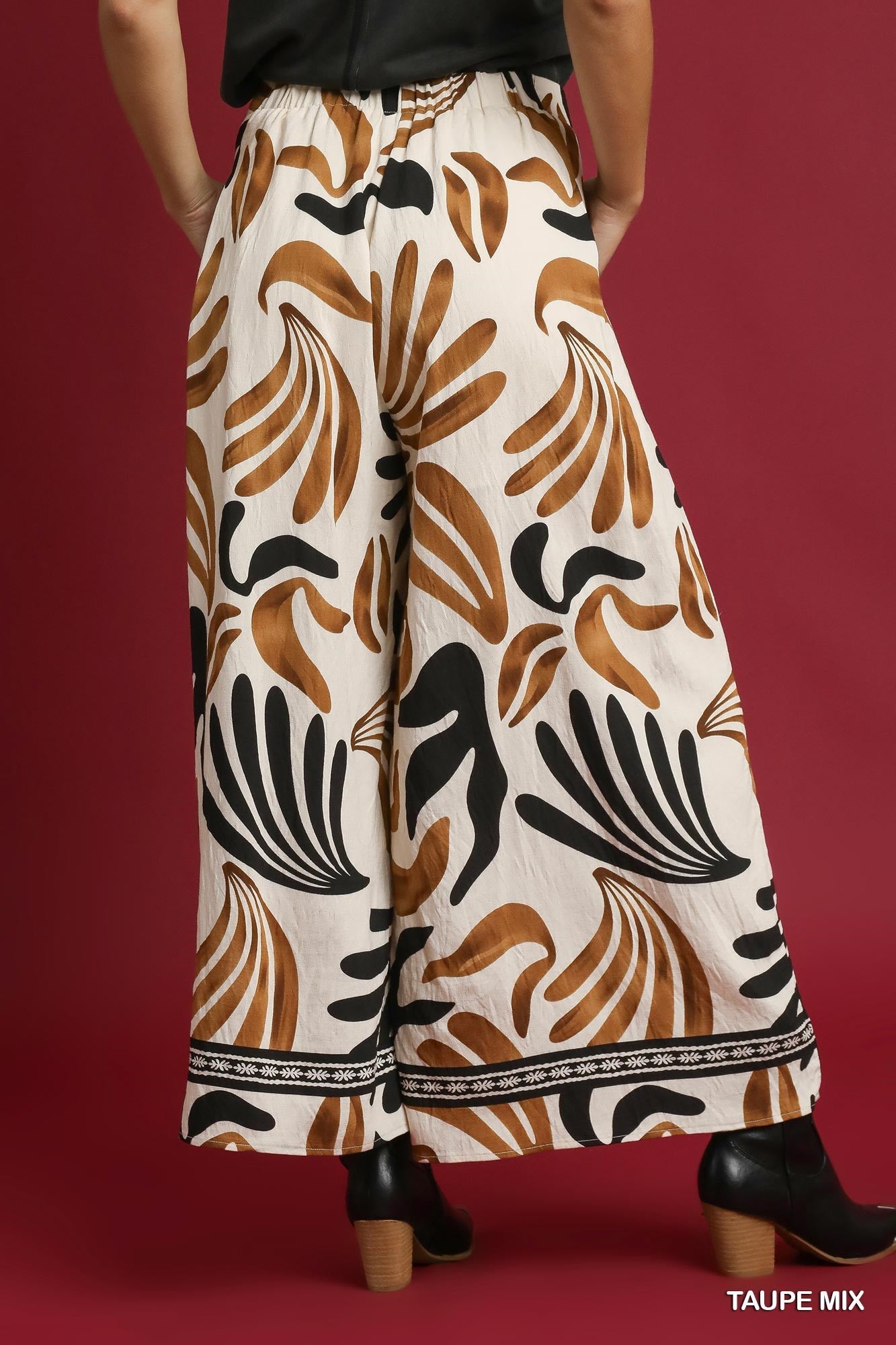 Umgee Mix Tropical Leaf Print Wide Leg Pants in Taupe Mix-Bottoms-Umgee-Deja Nu Boutique, Women's Fashion Boutique in Lampasas, Texas