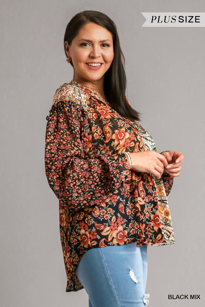 Umgee Mixed Black Print Split Neck Top And High Low Hem In Plus-Curvy/Plus Blouses-Umgee-Deja Nu Boutique, Women's Fashion Boutique in Lampasas, Texas