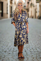 Umgee Navy Mix Floral Print Midi Dress with Waist Tie-Dresses-Umgee-Deja Nu Boutique, Women's Fashion Boutique in Lampasas, Texas