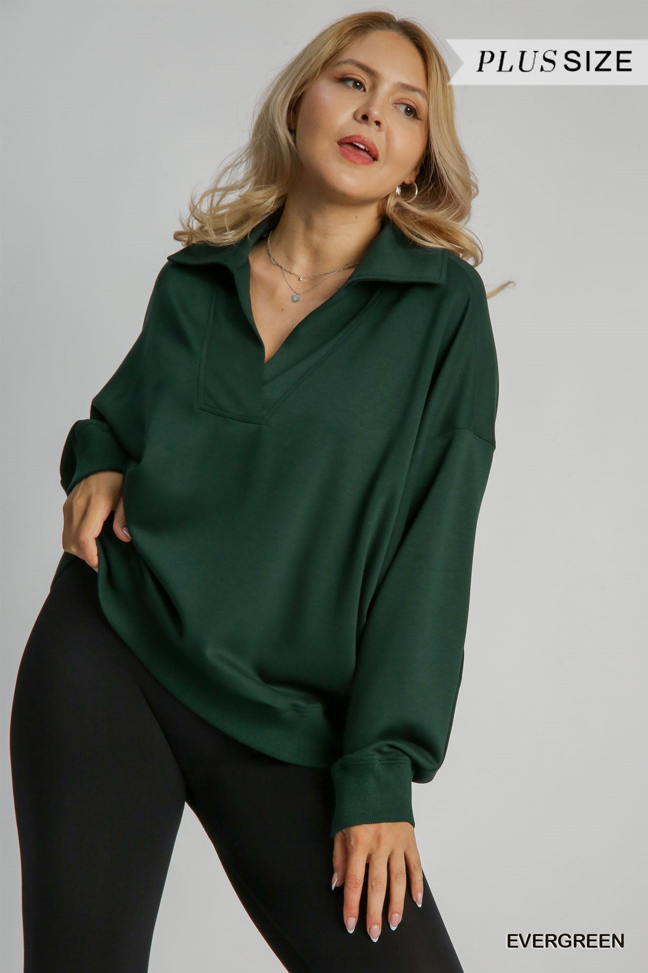 Umgee Neoknit V-Neck Long Sleeve Polo Sweatshirt In Emerald Plus-Curvy/Plus Tops-Umgee-Deja Nu Boutique, Women's Fashion Boutique in Lampasas, Texas