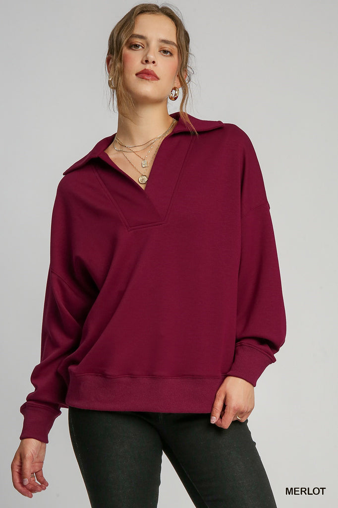 Umgee Neoknit V-Neck Long Sleeve Polo Sweatshirt In Merlot-Tops-Umgee-Deja Nu Boutique, Women's Fashion Boutique in Lampasas, Texas