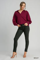 Umgee Neoknit V-Neck Long Sleeve Polo Sweatshirt In Merlot-Tops-Umgee-Deja Nu Boutique, Women's Fashion Boutique in Lampasas, Texas