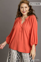 Umgee Notched Neckline Raglan Sleeve High Low Hem Blouse In Deep Coral Plus-Curvy/Plus Tops-Umgee-Deja Nu Boutique, Women's Fashion Boutique in Lampasas, Texas