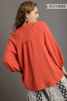 Umgee Notched Neckline Raglan Sleeve High Low Hem Blouse In Deep Coral Plus-Curvy/Plus Tops-Umgee-Deja Nu Boutique, Women's Fashion Boutique in Lampasas, Texas