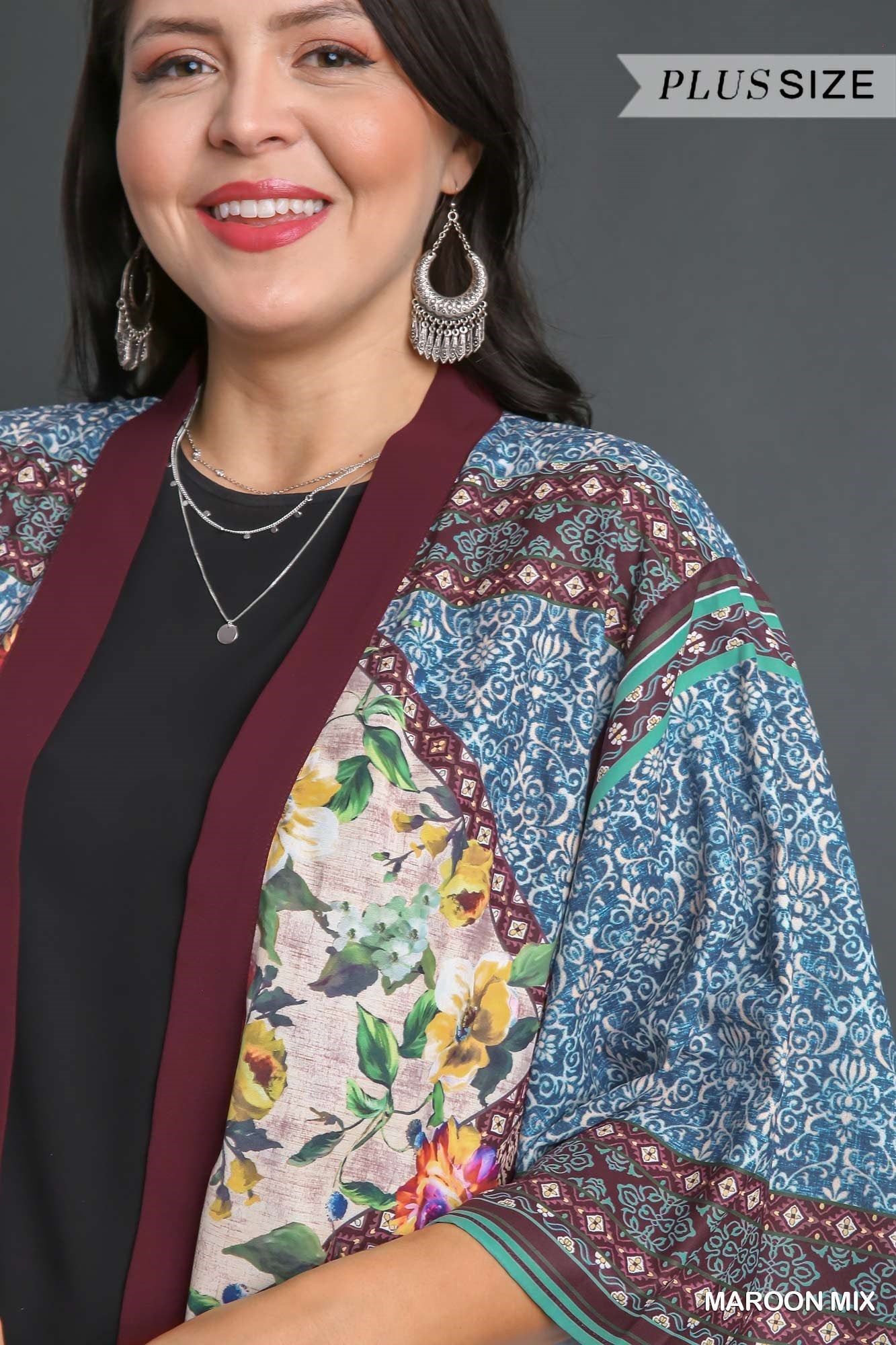 Umgee Open Front Print Kimono With Fringe Details In Maroon Mix Plus-Curvy/Plus Cardigans & Kimonos-Umgee-Deja Nu Boutique, Women's Fashion Boutique in Lampasas, Texas