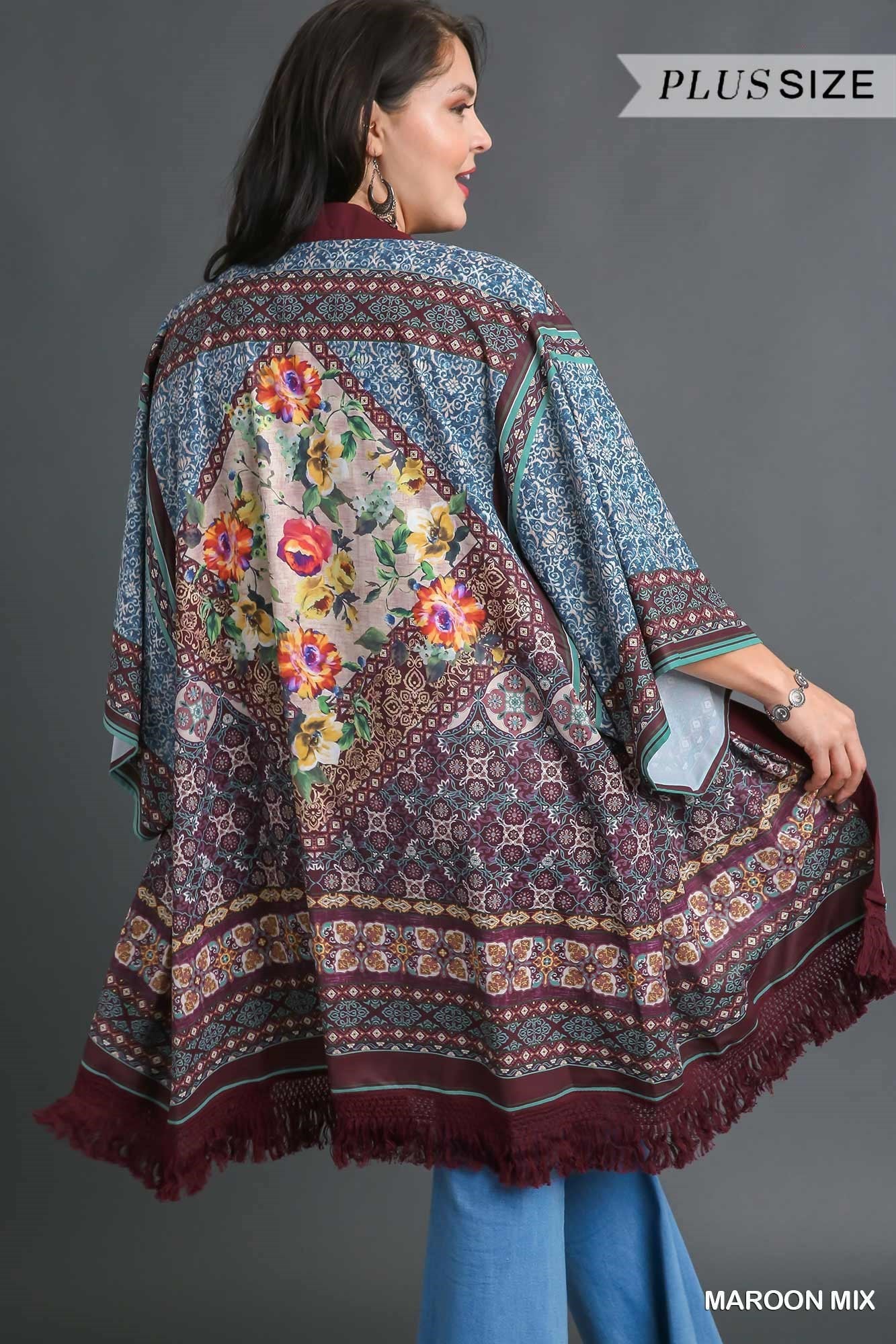 Umgee Open Front Print Kimono With Fringe Details In Maroon Mix Plus-Curvy/Plus Cardigans & Kimonos-Umgee-Deja Nu Boutique, Women's Fashion Boutique in Lampasas, Texas