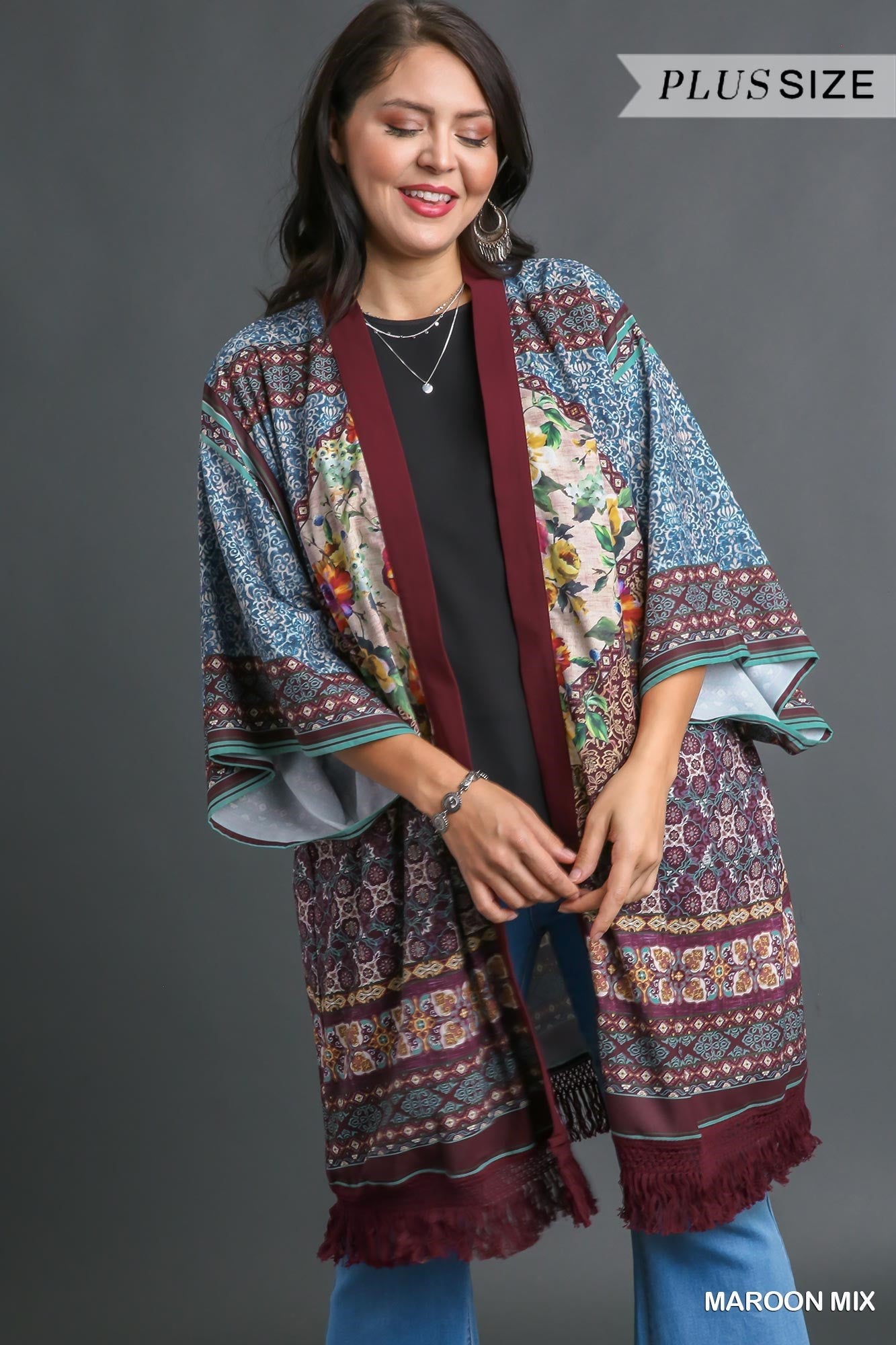 Umgee Open Front Print Kimono With Fringe Details In Maroon Mix Plus-Curvy/Plus Cardigans & Kimonos-Umgee-Deja Nu Boutique, Women's Fashion Boutique in Lampasas, Texas