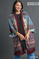 Umgee Open Front Print Kimono With Fringe Details In Maroon Mix Plus-Curvy/Plus Cardigans & Kimonos-Umgee-Deja Nu Boutique, Women's Fashion Boutique in Lampasas, Texas