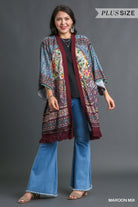 Umgee Open Front Print Kimono With Fringe Details In Maroon Mix Plus-Curvy/Plus Cardigans & Kimonos-Umgee-Deja Nu Boutique, Women's Fashion Boutique in Lampasas, Texas