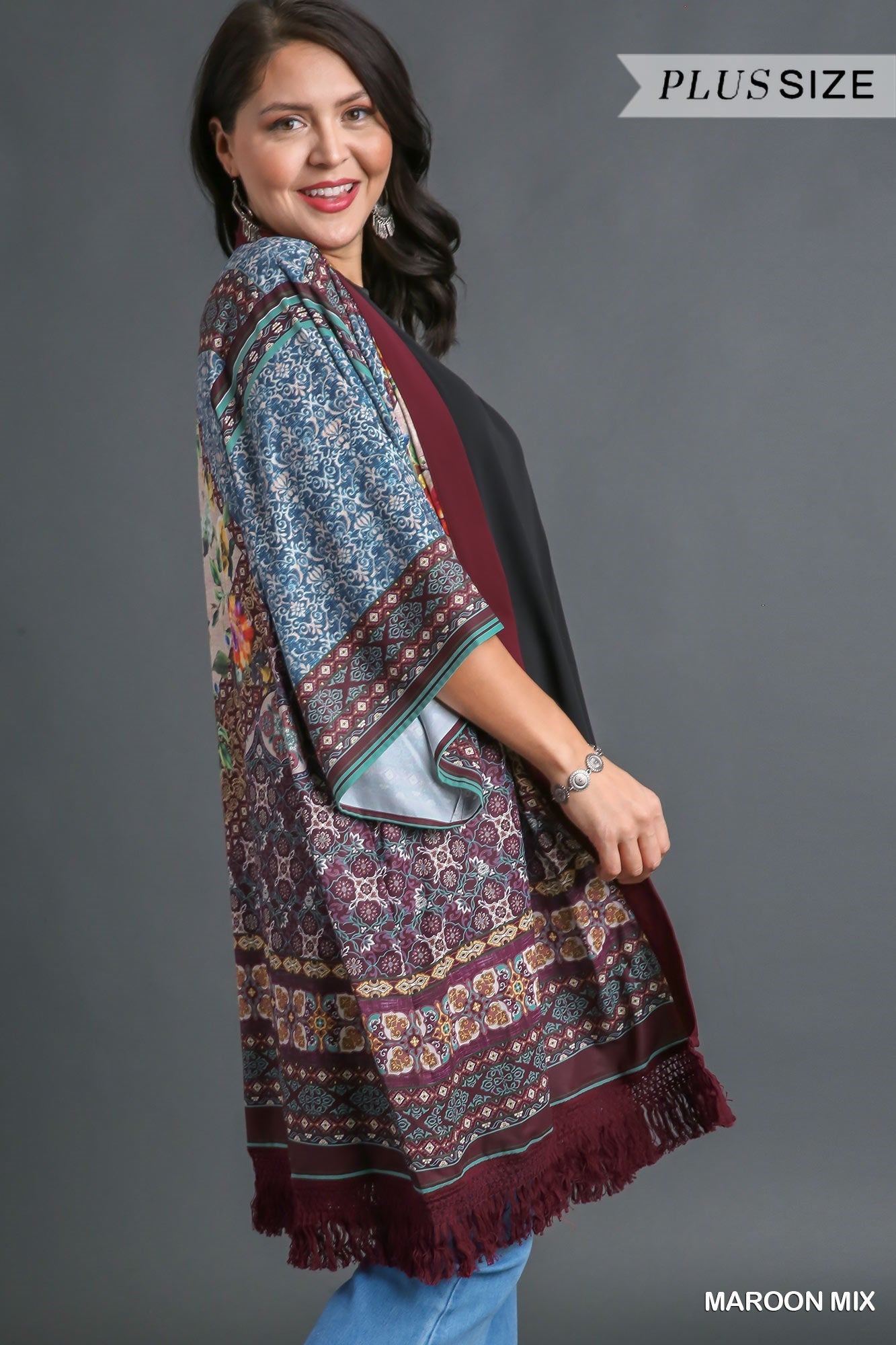 Umgee Open Front Print Kimono With Fringe Details In Maroon Mix Plus-Curvy/Plus Cardigans & Kimonos-Umgee-Deja Nu Boutique, Women's Fashion Boutique in Lampasas, Texas