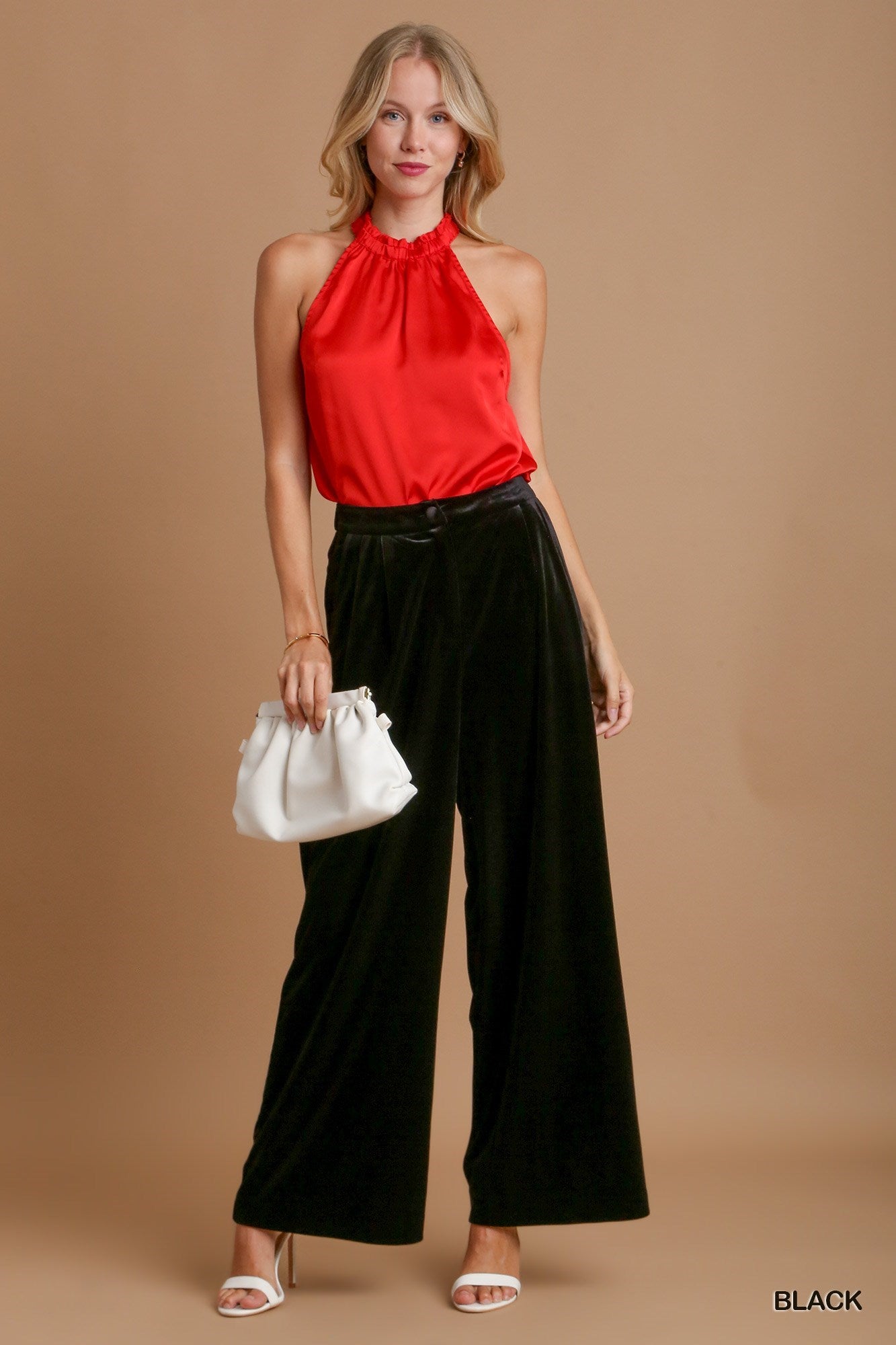 Umgee Pleated Black Velvet High Wide Leg Pant-Pants-Umgee-Deja Nu Boutique, Women's Fashion Boutique in Lampasas, Texas