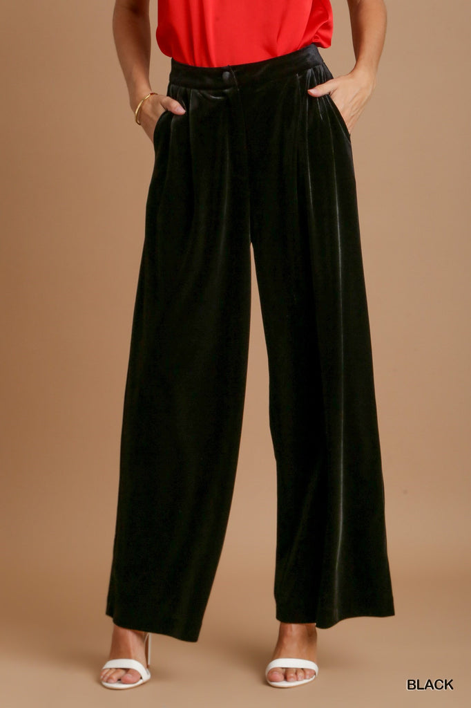 Umgee Pleated Black Velvet High Wide Leg Pant-Pants-Umgee-Deja Nu Boutique, Women's Fashion Boutique in Lampasas, Texas
