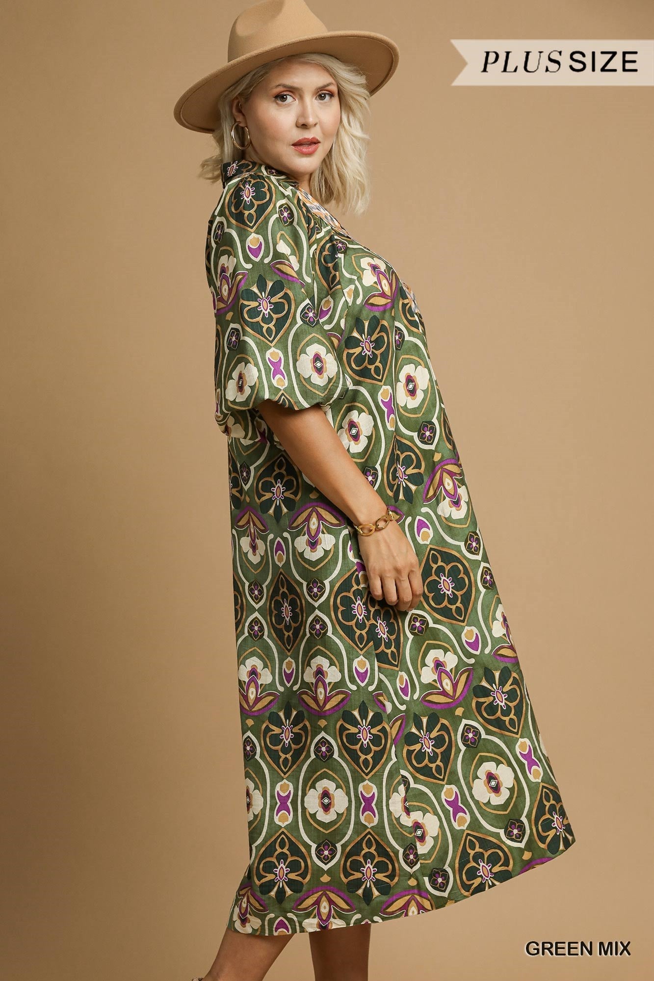 Umgee Plus Abstract Print Collared Midi Dress in Green Mix-Curvy/Plus Dresses-Umgee-Deja Nu Boutique, Women's Fashion Boutique in Lampasas, Texas