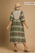 Umgee Plus Abstract Print Collared Midi Dress in Green Mix-Curvy/Plus Dresses-Umgee-Deja Nu Boutique, Women's Fashion Boutique in Lampasas, Texas