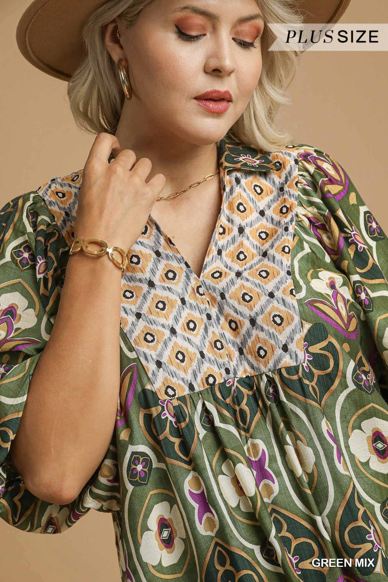 Umgee Plus Abstract Print Collared Midi Dress in Green Mix-Curvy/Plus Dresses-Umgee-Deja Nu Boutique, Women's Fashion Boutique in Lampasas, Texas