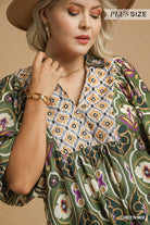 Umgee Plus Abstract Print Collared Midi Dress in Green Mix-Curvy/Plus Dresses-Umgee-Deja Nu Boutique, Women's Fashion Boutique in Lampasas, Texas