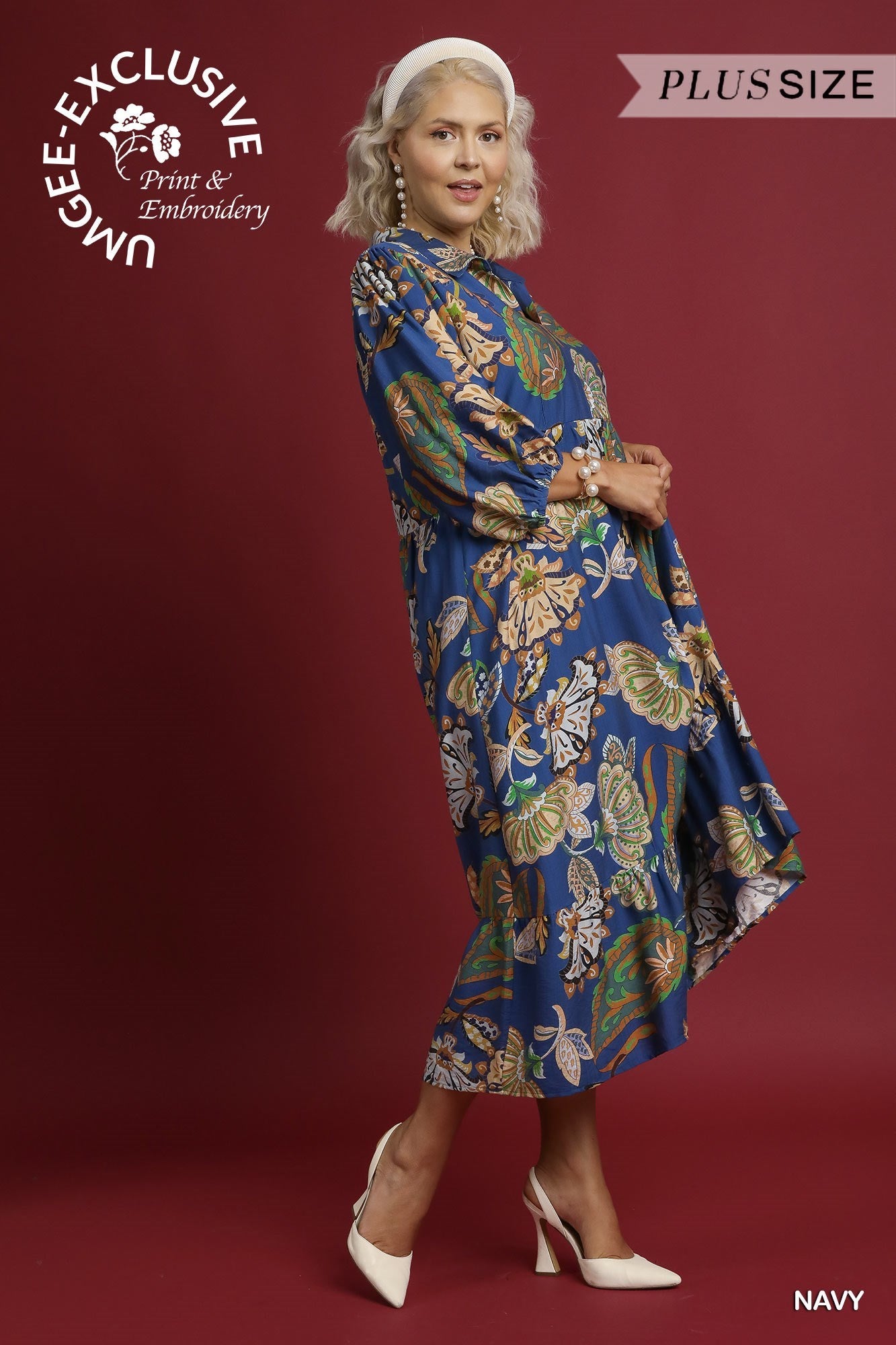 Umgee Plus Boho Paisley Tiered Midi Dress in Navy-Curvy/Plus Dresses-Umgee-Deja Nu Boutique, Women's Fashion Boutique in Lampasas, Texas