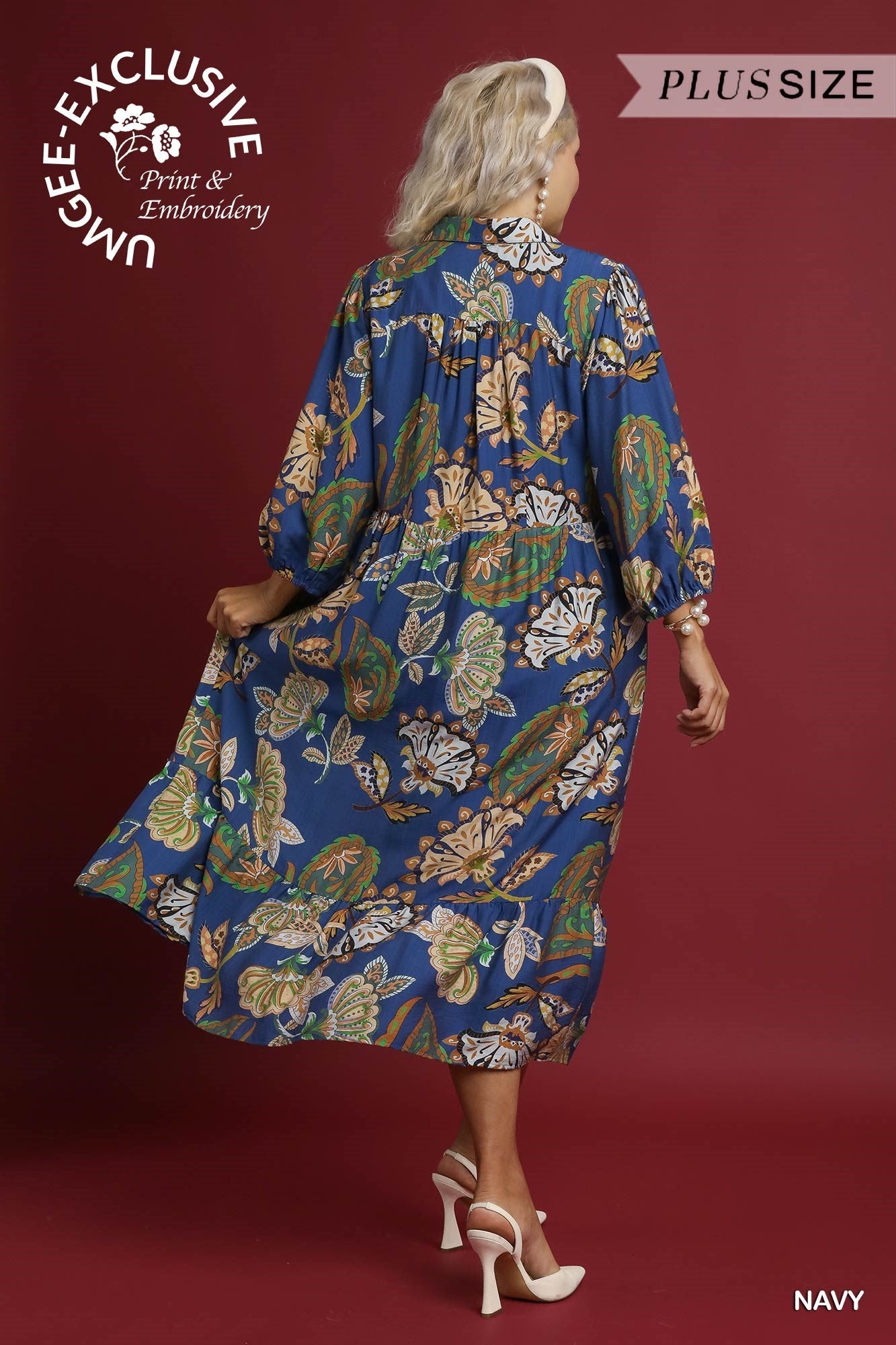Umgee Plus Boho Paisley Tiered Midi Dress in Navy-Curvy/Plus Dresses-Umgee-Deja Nu Boutique, Women's Fashion Boutique in Lampasas, Texas