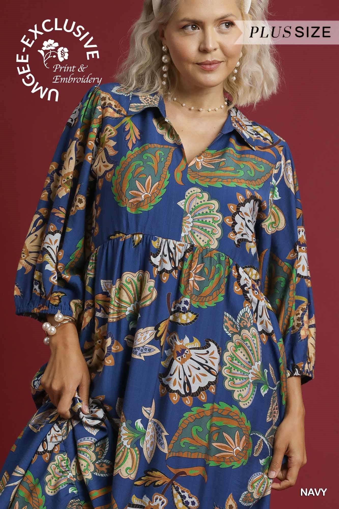 Umgee Plus Boho Paisley Tiered Midi Dress in Navy-Curvy/Plus Dresses-Umgee-Deja Nu Boutique, Women's Fashion Boutique in Lampasas, Texas