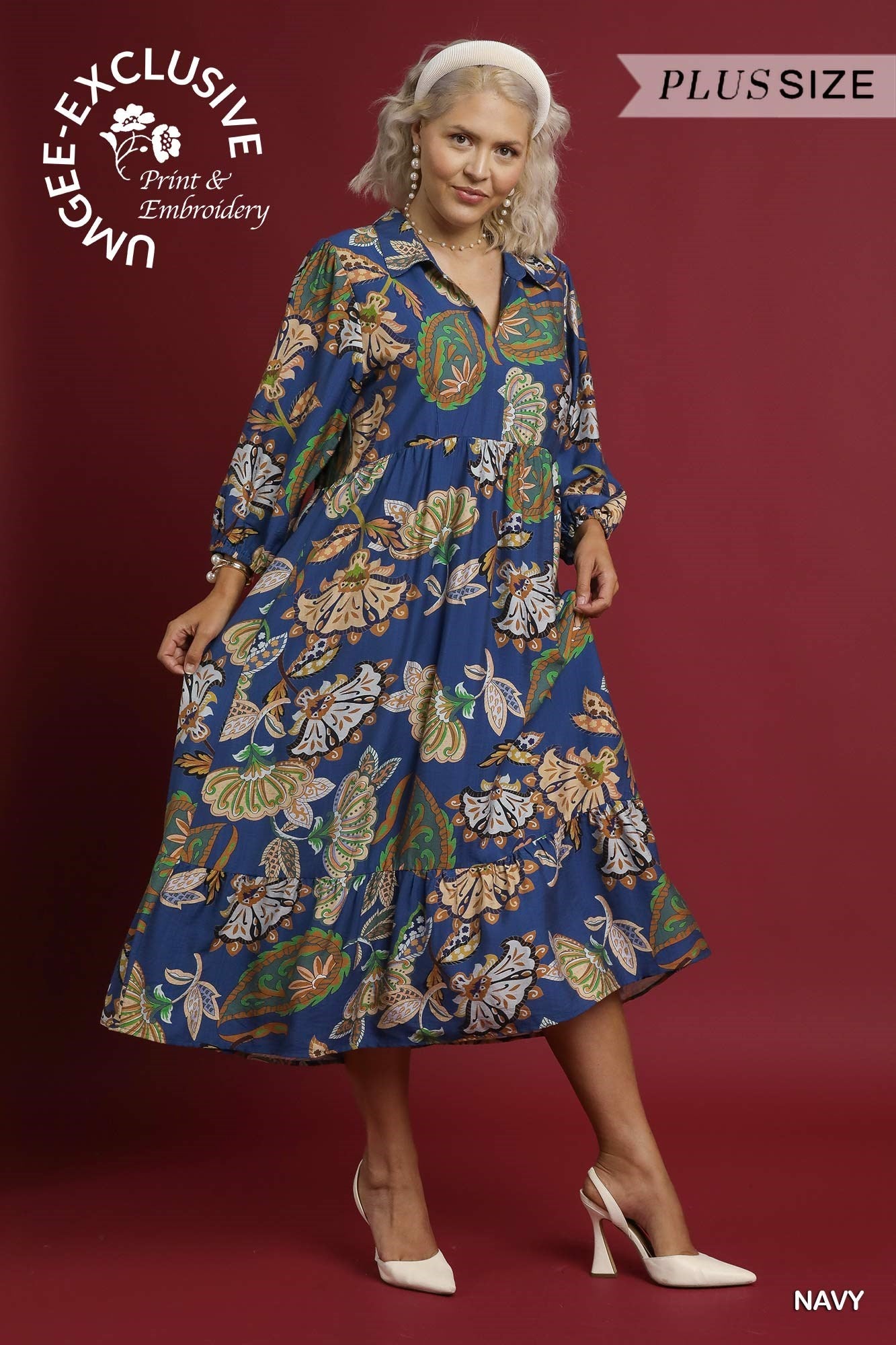 Umgee Plus Boho Paisley Tiered Midi Dress in Navy-Curvy/Plus Dresses-Umgee-Deja Nu Boutique, Women's Fashion Boutique in Lampasas, Texas
