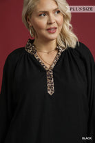 Umgee Plus Size Black Balloon Sleeve Blouse with Leopard Trim-Curvy/Plus Blouses-umgee-Deja Nu Boutique, Women's Fashion Boutique in Lampasas, Texas
