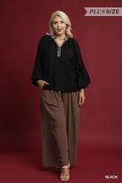 Umgee Plus Size Black Balloon Sleeve Blouse with Leopard Trim-Curvy/Plus Blouses-umgee-Deja Nu Boutique, Women's Fashion Boutique in Lampasas, Texas