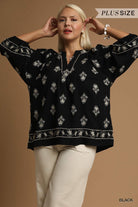 Umgee Plus Size Black Embroidered Balloon Sleeve Top-Curvy/Plus Blouses-umgee-Deja Nu Boutique, Women's Fashion Boutique in Lampasas, Texas