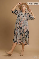 Umgee Plus Size Black Paisley Print Midi Dress with Ruffle Sleeves-Curvy/Plus Dresses-umgee-Deja Nu Boutique, Women's Fashion Boutique in Lampasas, Texas