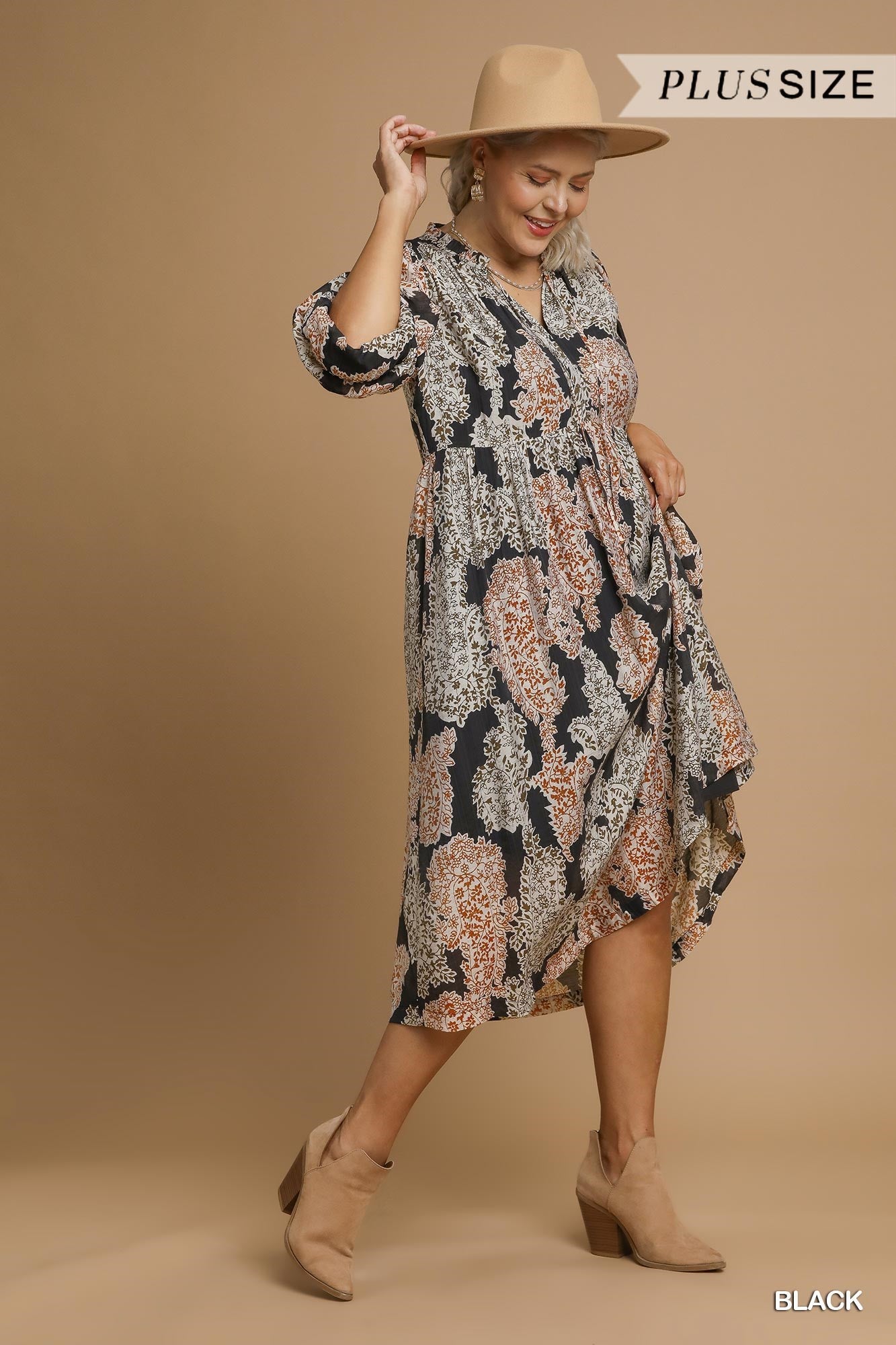 Umgee Plus Size Black Paisley Print Midi Dress with Ruffle Sleeves-Curvy/Plus Dresses-umgee-Deja Nu Boutique, Women's Fashion Boutique in Lampasas, Texas