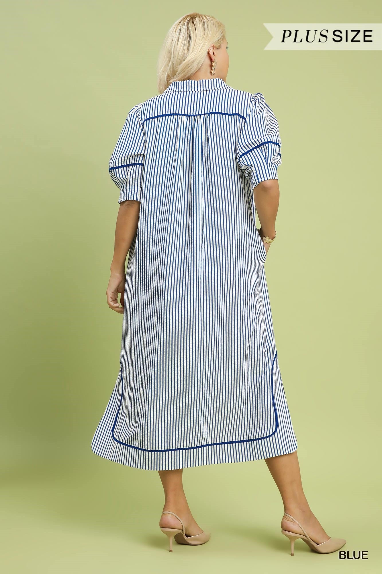 Umgee Plus Size Blue Stripe Midi Dress with Puff Sleeves-Curvy/Plus Dresses-Umgee-Deja Nu Boutique, Women's Fashion Boutique in Lampasas, Texas