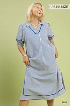 Umgee Plus Size Blue Stripe Midi Dress with Puff Sleeves-Curvy/Plus Dresses-Umgee-Deja Nu Boutique, Women's Fashion Boutique in Lampasas, Texas