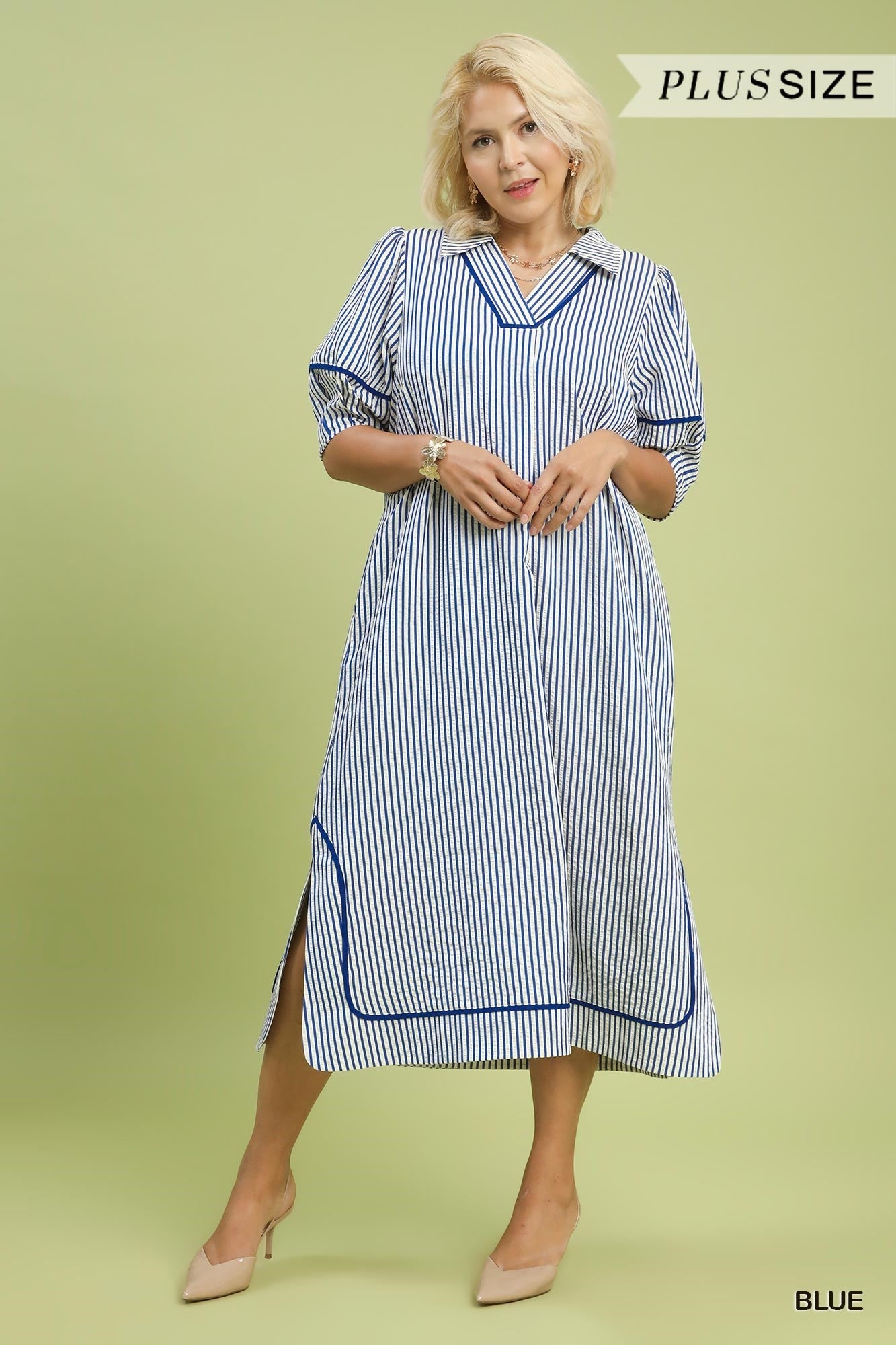Umgee Plus Size Blue Stripe Midi Dress with Puff Sleeves-Curvy/Plus Dresses-Umgee-Deja Nu Boutique, Women's Fashion Boutique in Lampasas, Texas