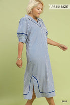 Umgee Plus Size Blue Stripe Midi Dress with Puff Sleeves-Curvy/Plus Dresses-Umgee-Deja Nu Boutique, Women's Fashion Boutique in Lampasas, Texas