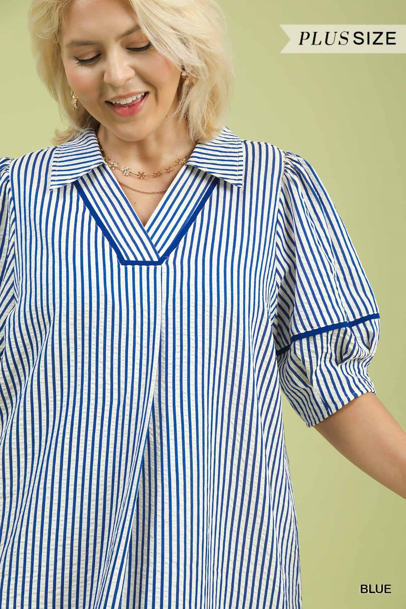 Umgee Plus Size Blue Stripe Midi Dress with Puff Sleeves-Curvy/Plus Dresses-Umgee-Deja Nu Boutique, Women's Fashion Boutique in Lampasas, Texas