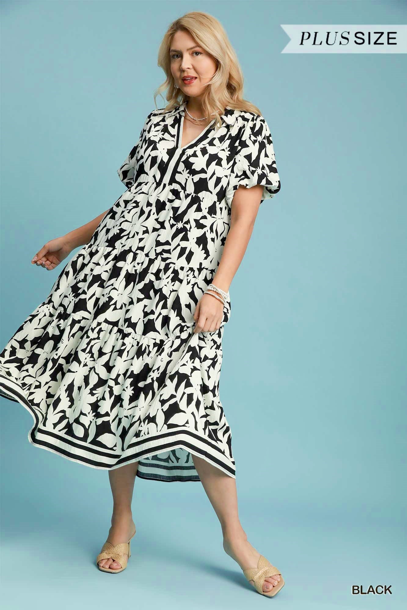 Umgee Plus Size Botanical Tiered A-Line Midi Dress – Black Floral-Curvy/Plus Dresses-Umgee-Deja Nu Boutique, Women's Fashion Boutique in Lampasas, Texas