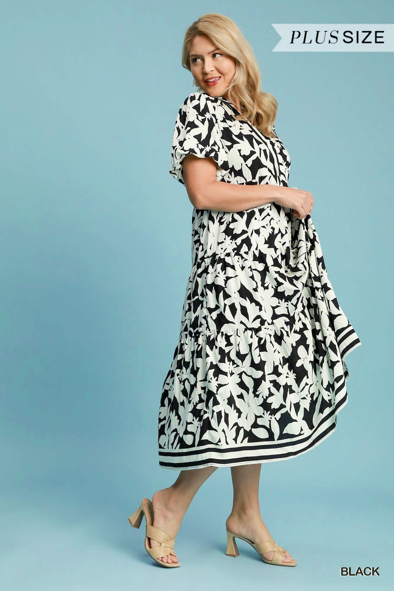 Umgee Plus Size Botanical Tiered A-Line Midi Dress – Black Floral-Curvy/Plus Dresses-Umgee-Deja Nu Boutique, Women's Fashion Boutique in Lampasas, Texas