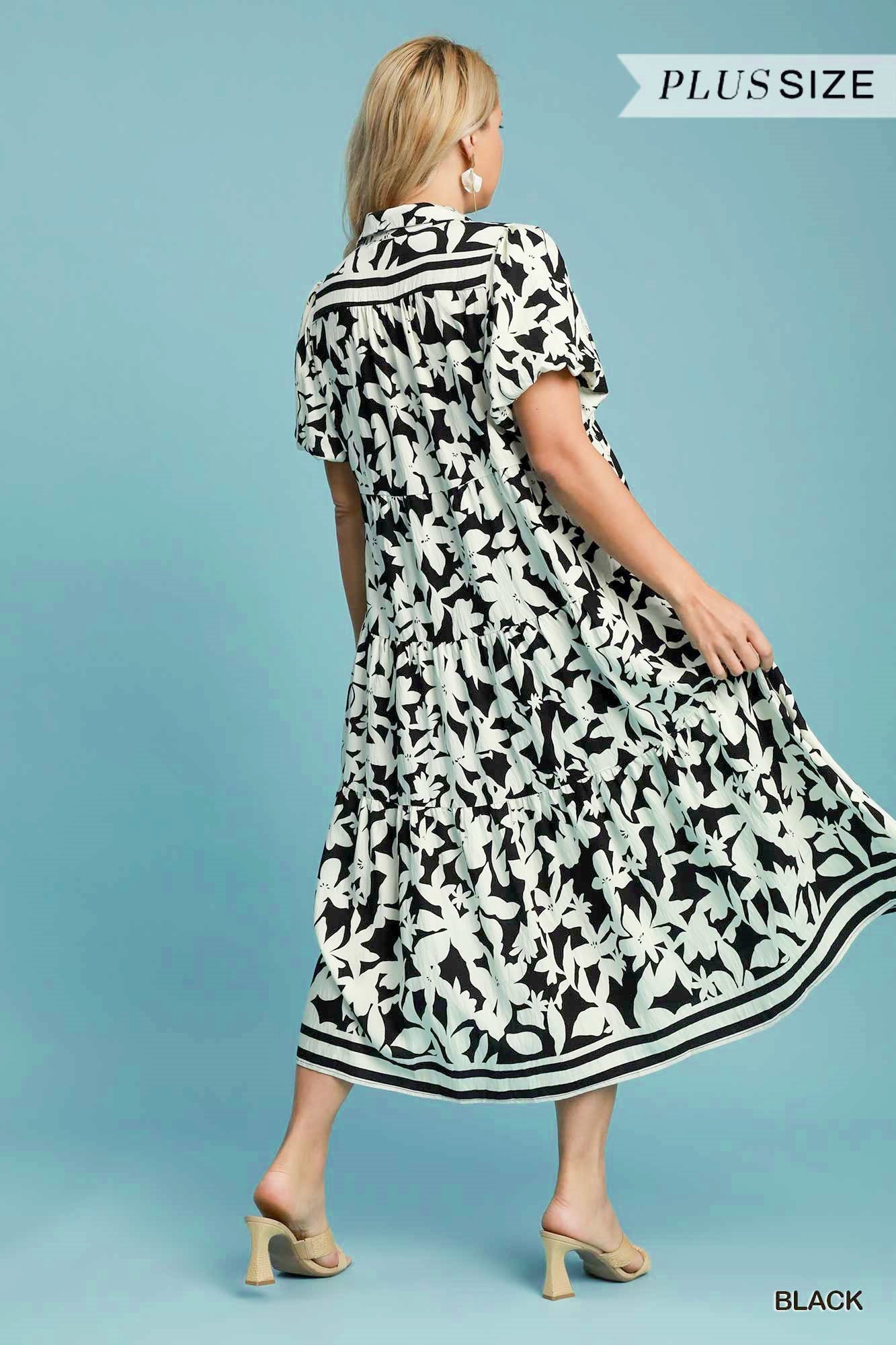 Umgee Plus Size Botanical Tiered A-Line Midi Dress – Black Floral-Curvy/Plus Dresses-Umgee-Deja Nu Boutique, Women's Fashion Boutique in Lampasas, Texas