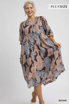 Umgee Plus Size Brown Paisley Print Midi Dress with Ruffle Sleeves-Curvy/Plus Dresses-Umgee-Deja Nu Boutique, Women's Fashion Boutique in Lampasas, Texas