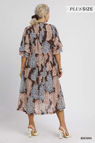 Umgee Plus Size Brown Paisley Print Midi Dress with Ruffle Sleeves-Curvy/Plus Dresses-Umgee-Deja Nu Boutique, Women's Fashion Boutique in Lampasas, Texas