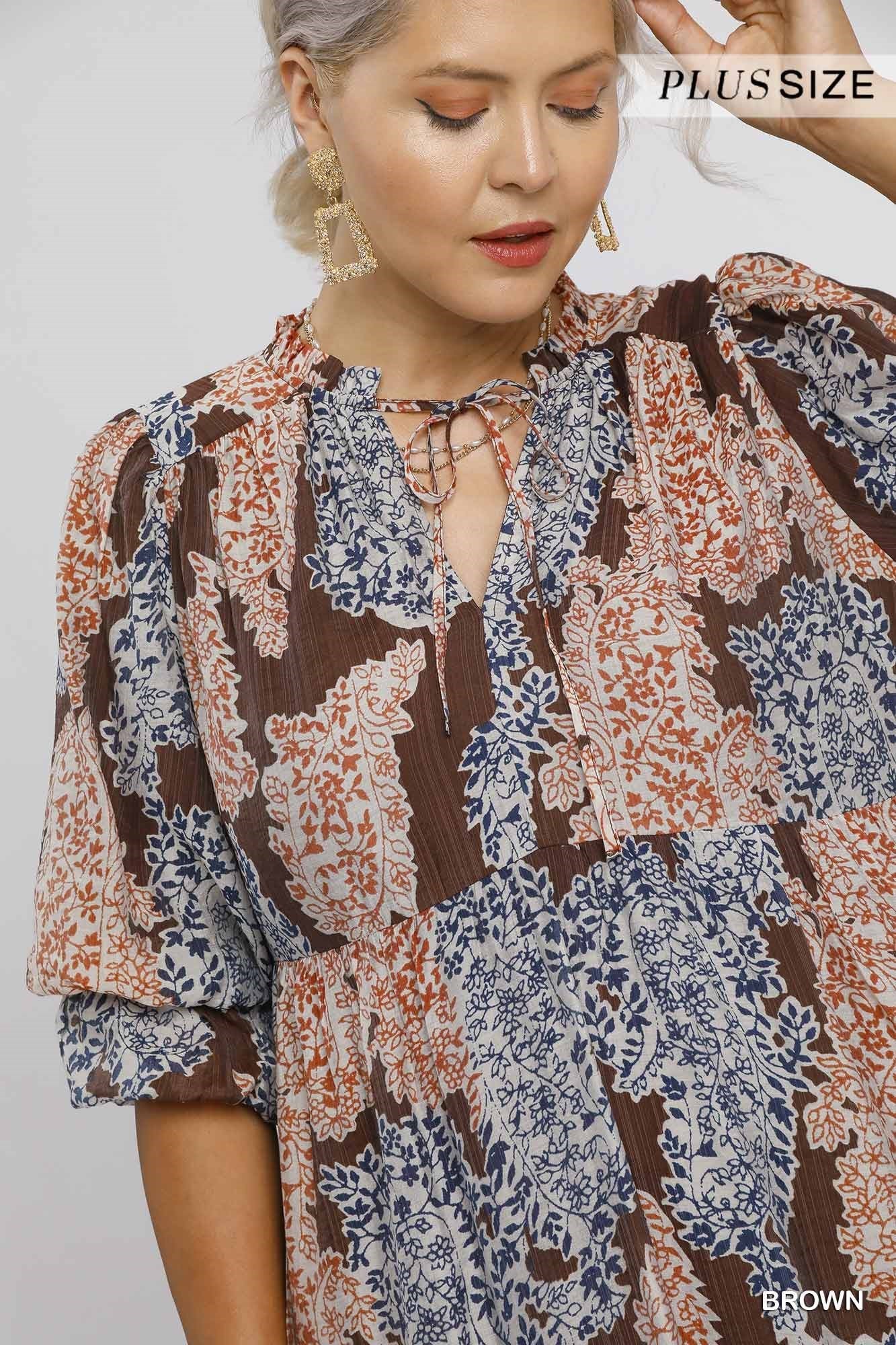 Umgee Plus Size Brown Paisley Print Midi Dress with Ruffle Sleeves-Curvy/Plus Dresses-Umgee-Deja Nu Boutique, Women's Fashion Boutique in Lampasas, Texas