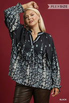 Umgee Plus Size Floral Vine Print Blouse in Black-Curvy/Plus Blouses-Umgee-Deja Nu Boutique, Women's Fashion Boutique in Lampasas, Texas