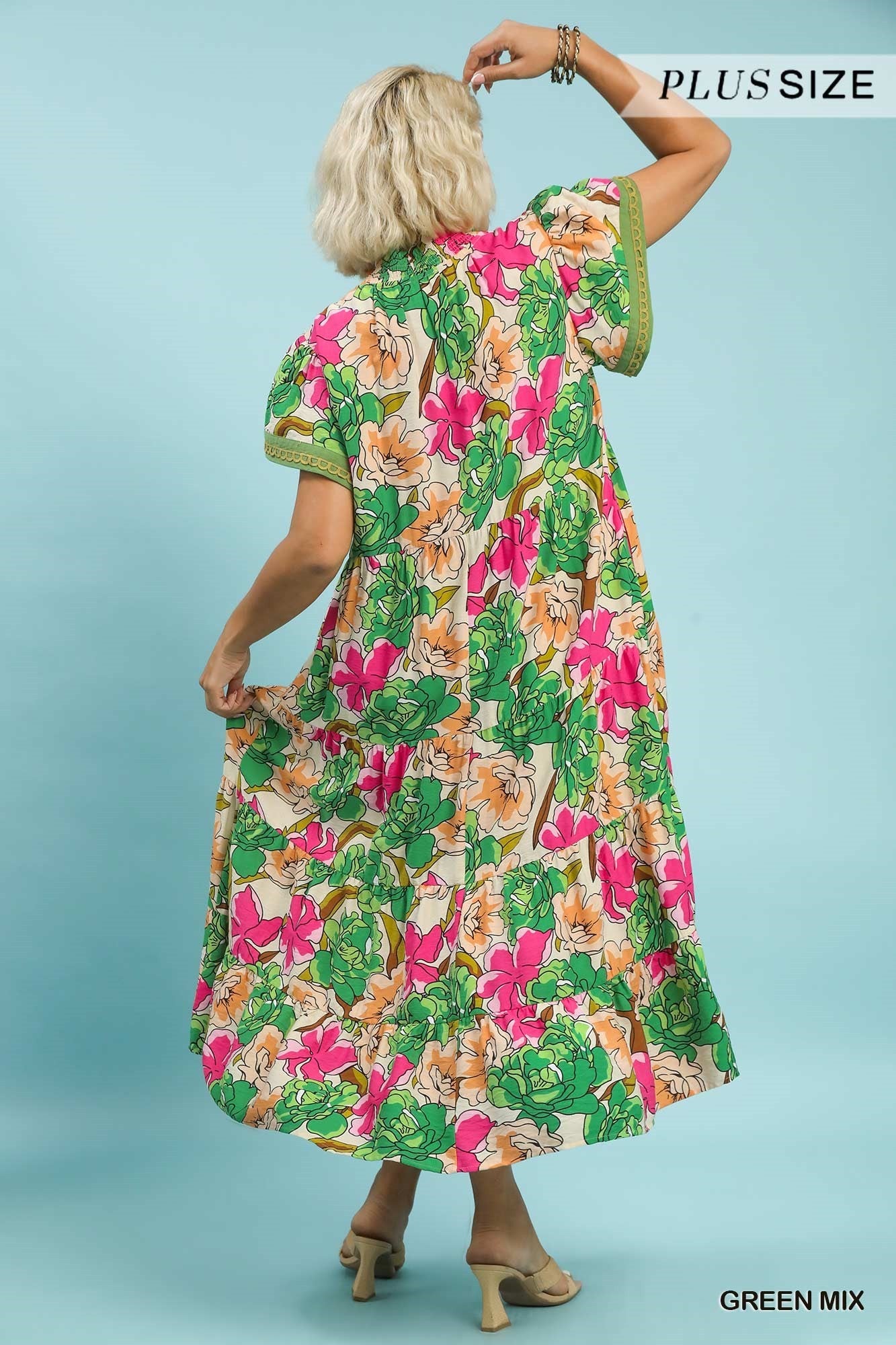 Umgee Plus Size Green Mix Bold Floral Tiered Midi Dress-Curvy/Plus Dresses-Umgee-Deja Nu Boutique, Women's Fashion Boutique in Lampasas, Texas