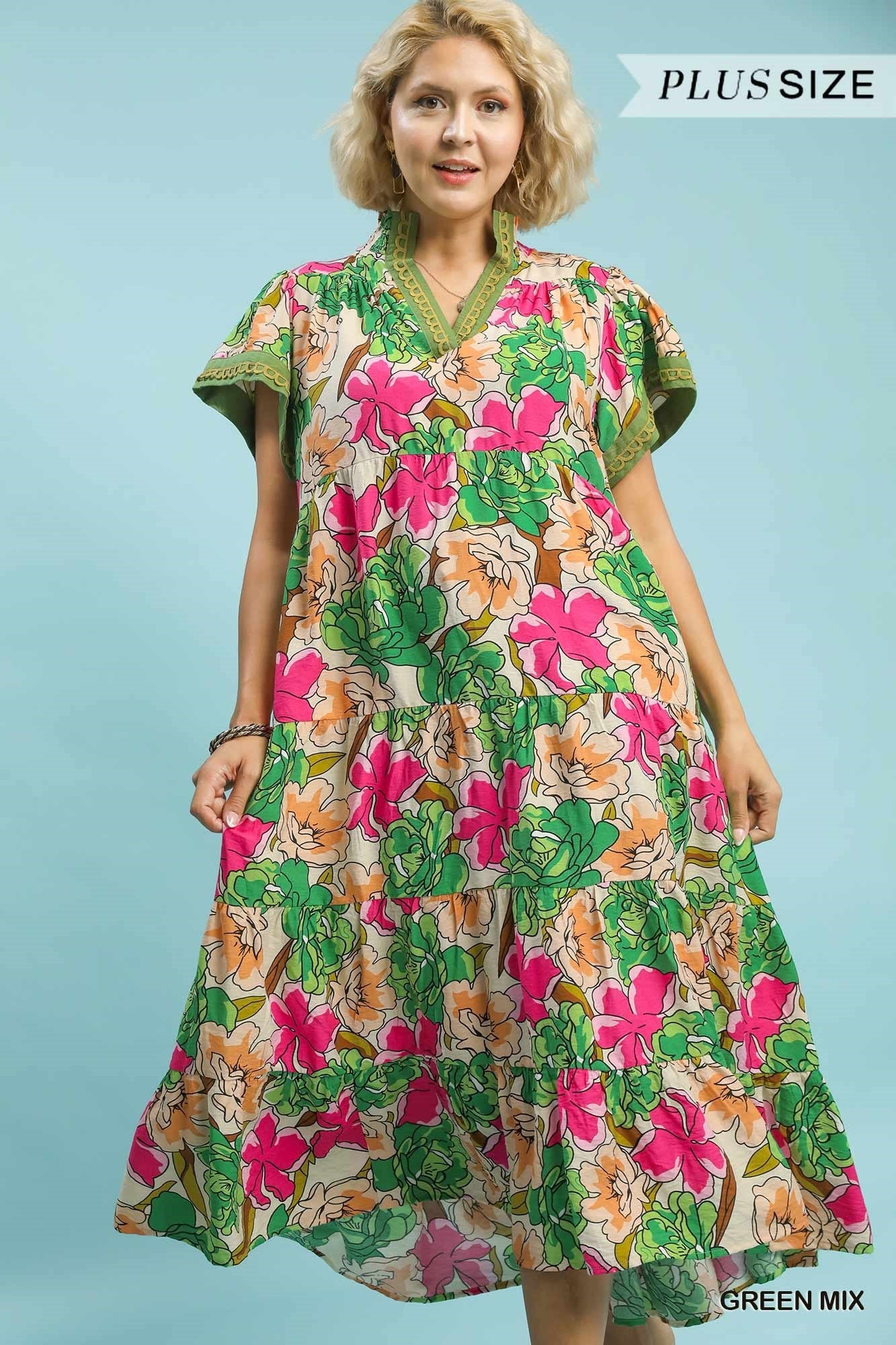 Umgee Plus Size Green Mix Bold Floral Tiered Midi Dress-Curvy/Plus Dresses-Umgee-Deja Nu Boutique, Women's Fashion Boutique in Lampasas, Texas