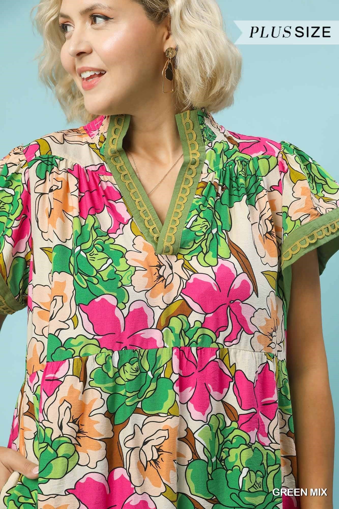 Umgee Plus Size Green Mix Bold Floral Tiered Midi Dress-Curvy/Plus Dresses-Umgee-Deja Nu Boutique, Women's Fashion Boutique in Lampasas, Texas