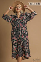 Umgee Plus Size Mix Floral Collared Midi Dress In Black Mix-Curvy/Plus Dresses-umgee-Deja Nu Boutique, Women's Fashion Boutique in Lampasas, Texas