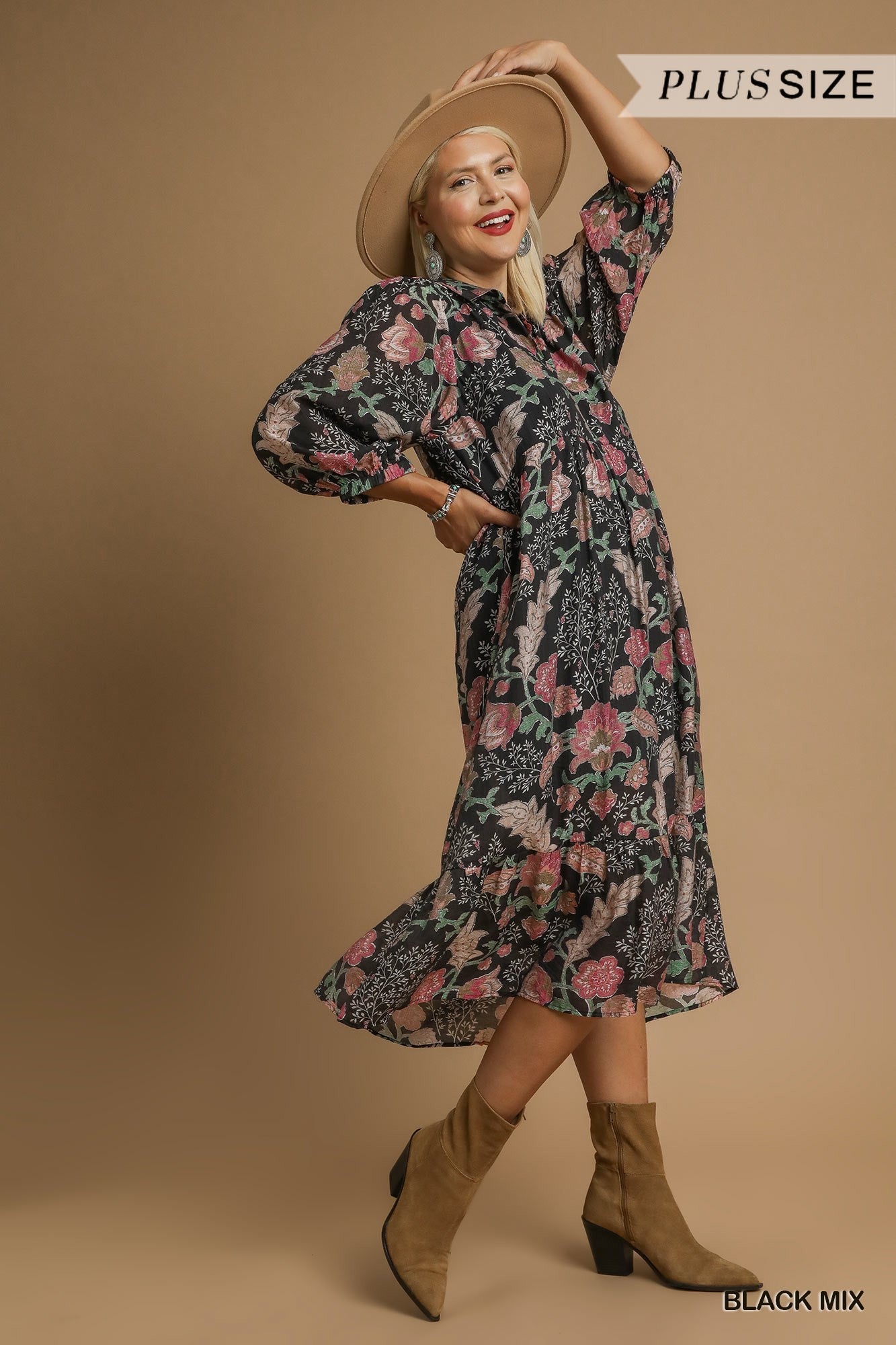 Umgee Plus Size Mix Floral Collared Midi Dress In Black Mix-Curvy/Plus Dresses-umgee-Deja Nu Boutique, Women's Fashion Boutique in Lampasas, Texas