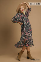 Umgee Plus Size Mix Floral Collared Midi Dress In Black Mix-Curvy/Plus Dresses-umgee-Deja Nu Boutique, Women's Fashion Boutique in Lampasas, Texas