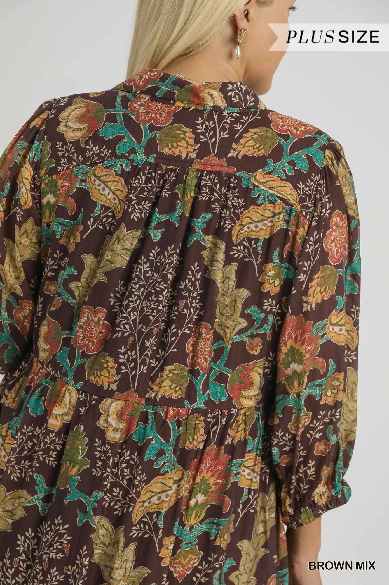 Umgee Plus Size Mix Floral Collared Midi Dress In Brown Mix-Curvy/Plus Dresses-umgee-Deja Nu Boutique, Women's Fashion Boutique in Lampasas, Texas