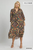 Umgee Plus Size Mix Floral Collared Midi Dress In Brown Mix-Curvy/Plus Dresses-umgee-Deja Nu Boutique, Women's Fashion Boutique in Lampasas, Texas