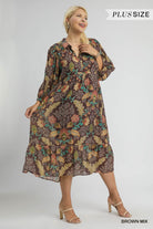 Umgee Plus Size Mix Floral Collared Midi Dress In Brown Mix-Curvy/Plus Dresses-umgee-Deja Nu Boutique, Women's Fashion Boutique in Lampasas, Texas